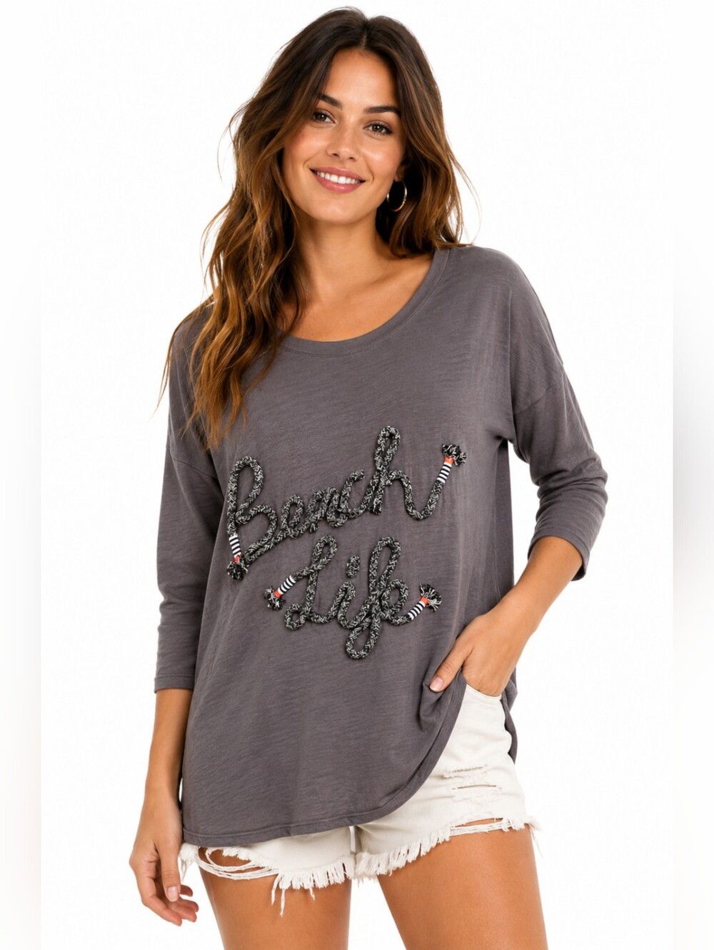 Soft Surroundings Beach Life Rope Tee 100% Cotton Gray Small coastal core